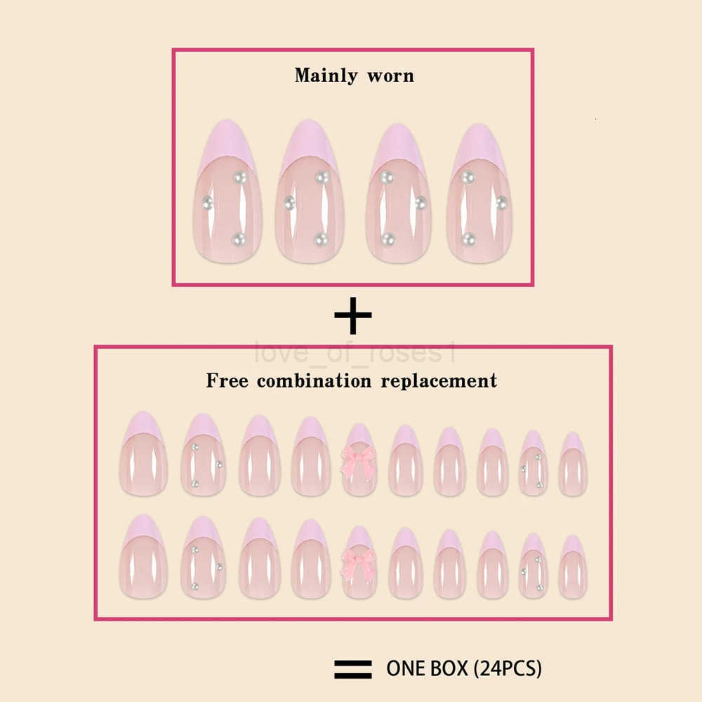 New Arrivals 24Pcs Short Size French Water Droplet Pink Edges and Pearl Bows Girls Women Wearable Fake Nails Set Z250807