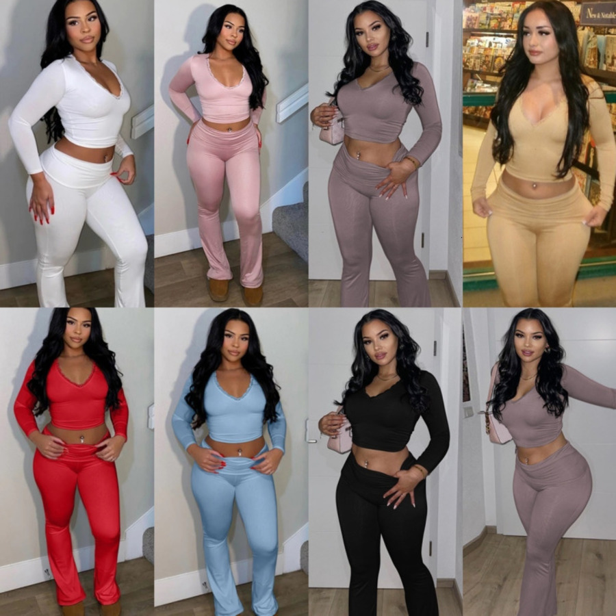 Womens Tracksuits Spring New Long Sleeved Lace V-neck Short Top High Waist Long Pants Casual Home Set 7 Colors