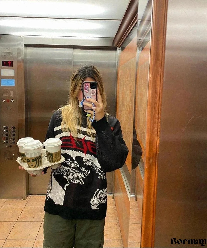 Womens Knitted Pullovers Sweaters Creative Stripes top Maiden Oversized Harajuku streetwear O Neck Knitwear Clothing Y2K 250806