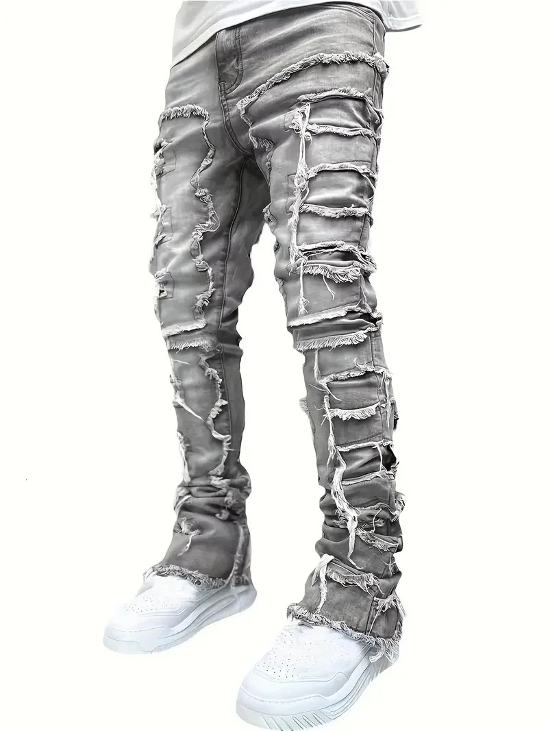 Y2k hiphop style fringed jeans mens casual street stretch 250807