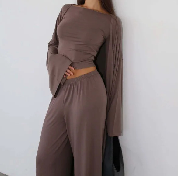 Womens Urban Lazy Suit 2025 Spring Summer Latest Casual Long Cardigan Long Sleeved Top High Waisted Pants Fashion Set 250805