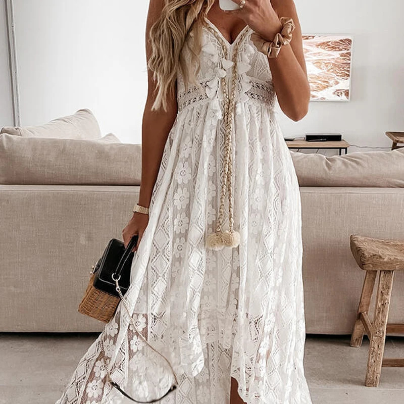 Summer Lace Sling Big Swing Solid Color Long Skirt Dress Spring Vneck Sleeveless Beach Dresses Casual Chain Link 250807