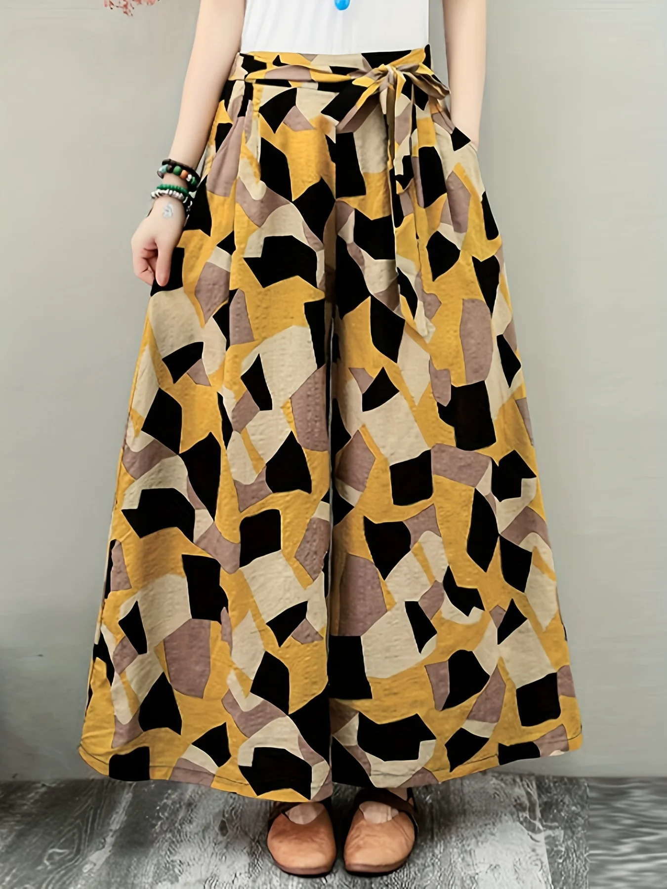 Plus size womens spring and summer polyester fiber nonelastic belt pastoral style casual small fresh random printed culottes y250805