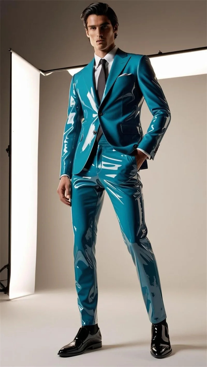 Blue PU Leather Men Suits Set 2 Piece BlazerPants Trousers Wedding Tuxedo Formal Office Groom Prom Jacket Business Coat 250807