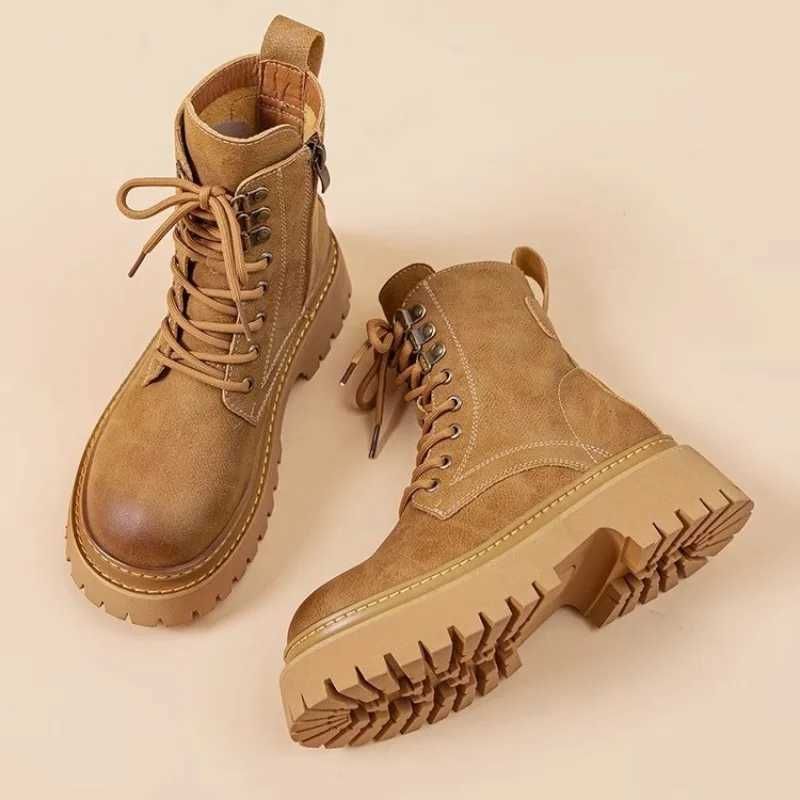 100% Genuine Leather Ankle Boots for Women Autumn Ladies Shoes Thick Heel Platform Motorcycle Boots British Work Short Botas XJ250807