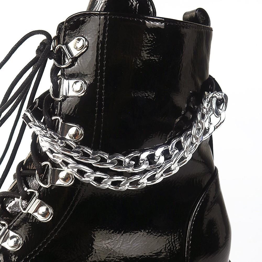 Women's Chunky Platform Stiletto Ankle Boots Round Toe Gothic Martin Boots with Chain Detail (Jet Black)