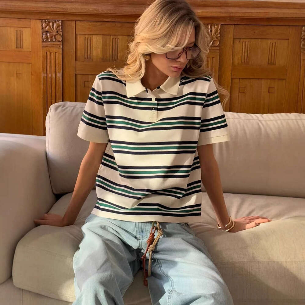 Summer New American Style Color Block Striped Polo Shirt Loose Short Sleeve T-Shirt For Women Ins B5 h7