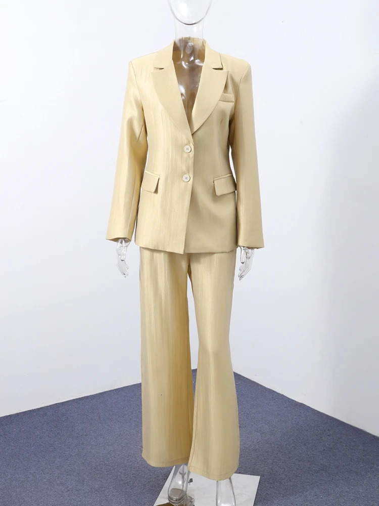 Casual Solid Blazer Pants Sets Women Slim Waist Lapel Long Sleeve Shoulder Pad Jacket High Waist Straight Trouser 2025 Outfits 250804