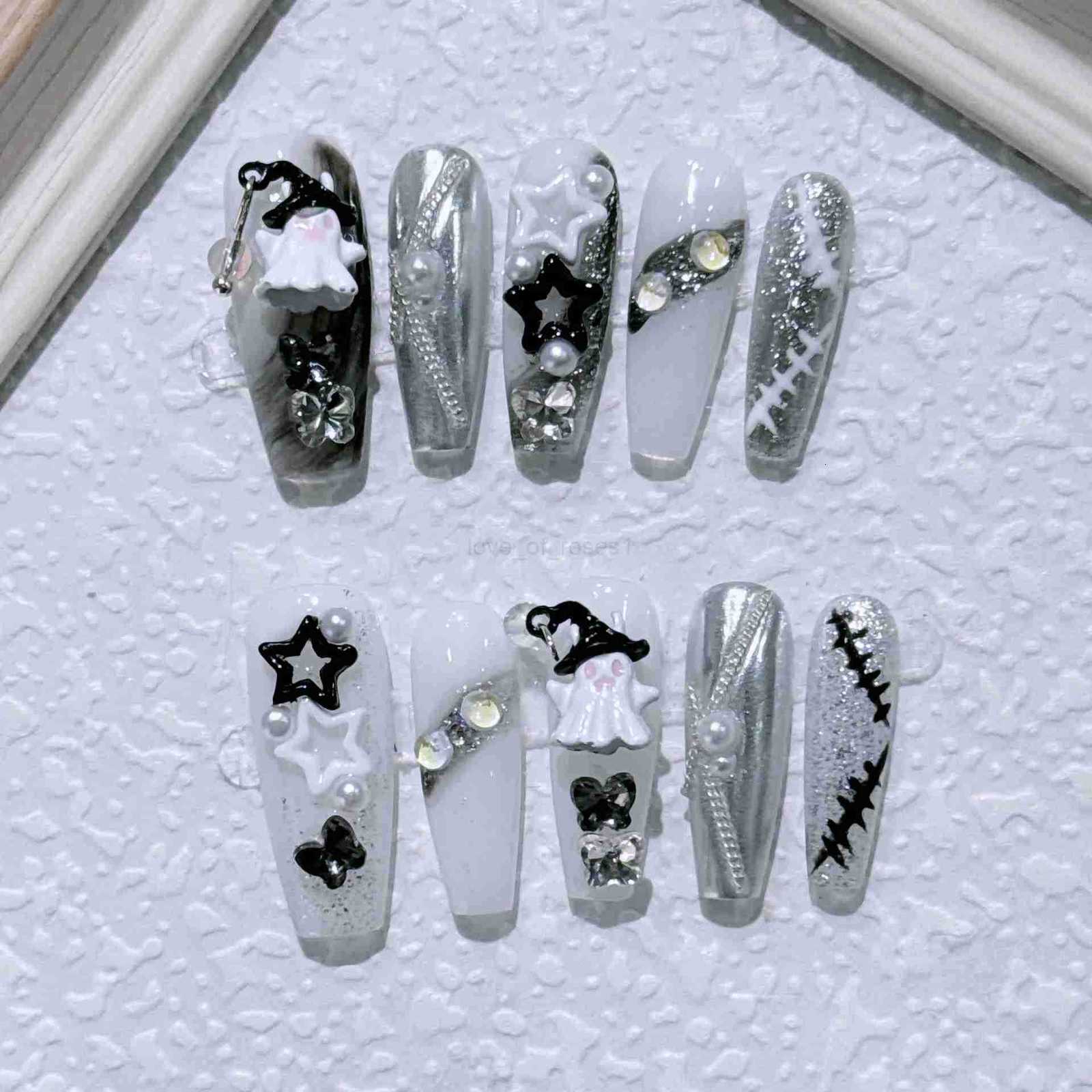 10pcs Handmade Gothic Press on Nails Halloween Design Fake Nail Tips Wearable European Heavy Metal Y2k False Nails Z250807