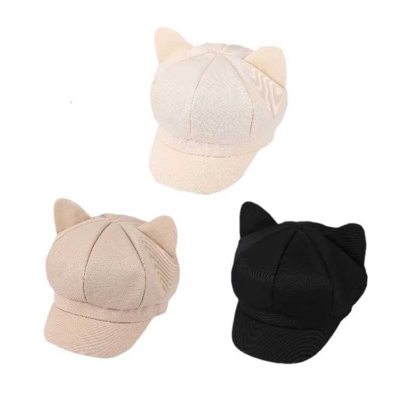 Beret Women Cute Cat Ear Sweet Octagonal Hats For Women Newsboy Cap Painter Hat Korean Style Solid Color Black XJ250807