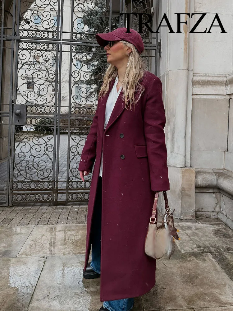 TRAFZA Autumn Winter Female Fashion Casual Woolen Long Coat Woman Turn-Down Collar Long Sleeves Pockets Double Breasted Coat 250805