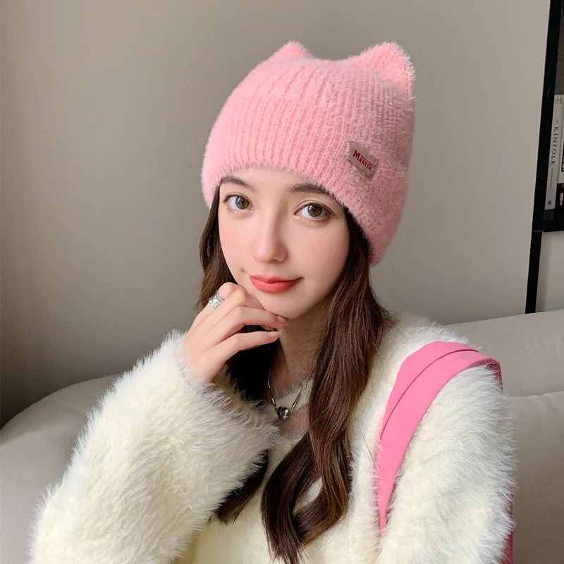 Women Cute Cat Ear Earflap Winter Hat Fashion Faux Fur Knitted Hat Kpop Style Soft Beanie Hats Candy Female Streetwear Cap 250805