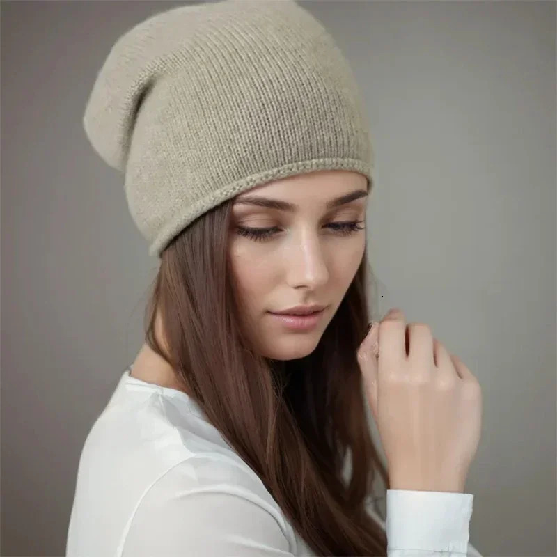 Women 35% Cashmere Plain Knitted Slouchy Beanie Hat Simple Solid Caps Rolled Hem Soft Wool Winter Spring Warm Sleep Hair Bonnet 250805