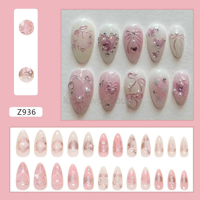 24pcs Sweet False Nail Patches Detachable Fake Nail Tips With Bowknots Love Heart Pearl Design Pink Almond Korean Press On Nails M250807