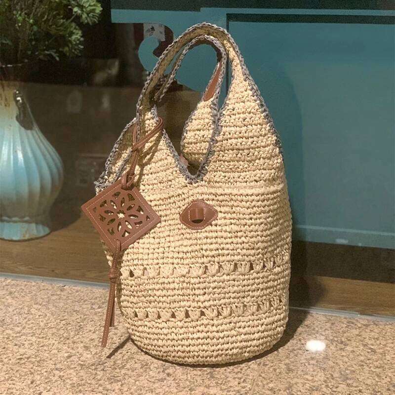 Exquisite Raffia Woven Shoulder Underarm Hand-Crocheted Large Capacity Tote Retro Holiday Beach Bag Bucket Handbag Women