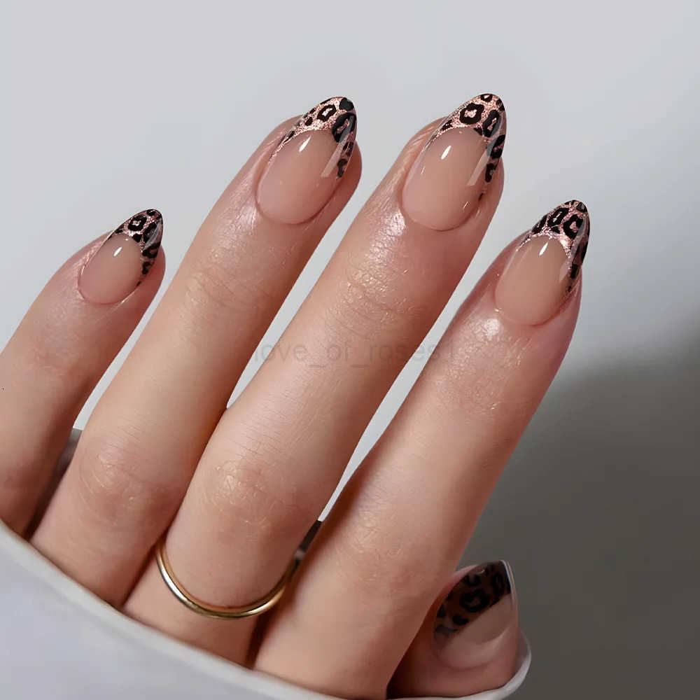 24pcs Simple Almond Fake Nails Sets Leopard Print French Design False Nail Tips Reusable Fashion Short Round Press-on Nails Art Z250807
