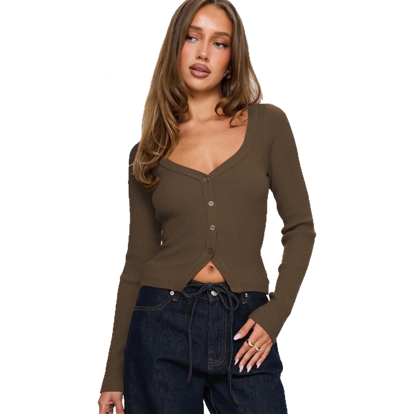 2025 Autumn Winter V-neck Long Sleeve Ribbed Button Cardigan Slim Fit Commuter Exquisite Women's Top