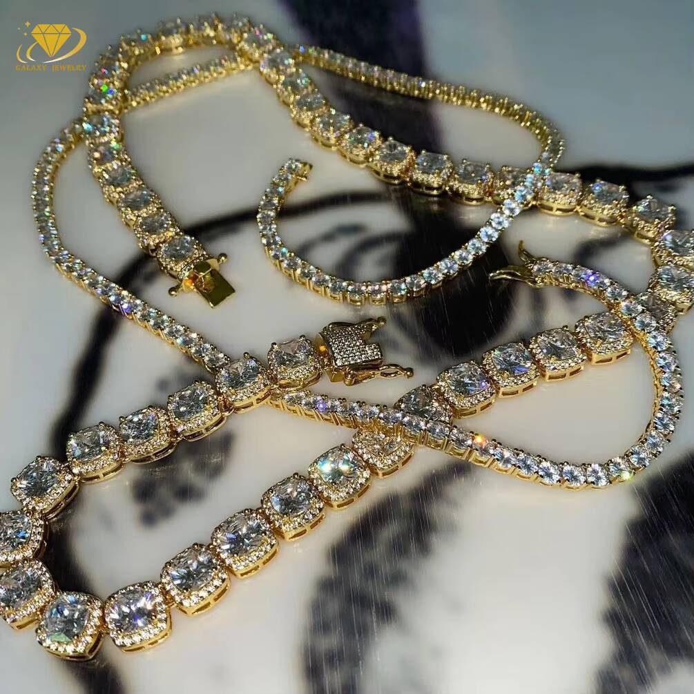 925 Sterling Silver Jewelry 10mm Moissanite Cluster Tennis Chain Vvs Diamonds Square Link Chain Hip Hop Necklace