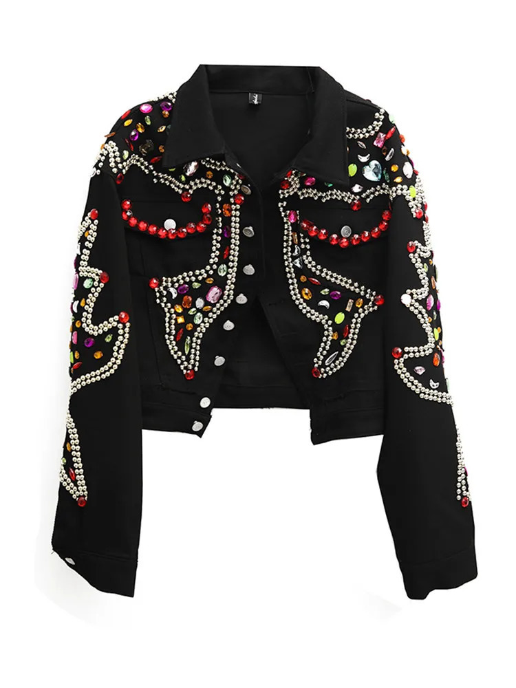 Diamonds Beaded Denim Jacket Rhinestones Sequins Jeans Coat Autumn Short Crystal Rivets Cardigan Chaqueta Streetwear Tops 250804