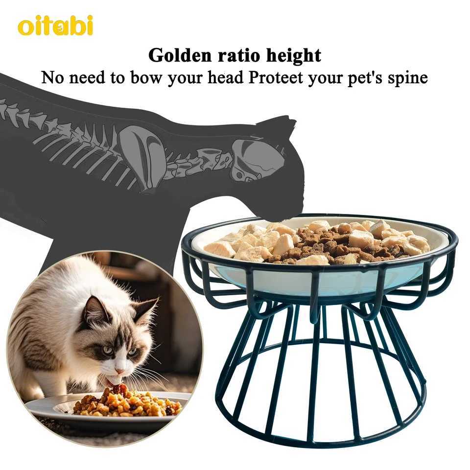 Oitabi Elevated Cat Bowl Raised Ceramic Cat Dish with Metal Stand Pet Water or Food Feeding Station for Cats and Small Dogs Y250806