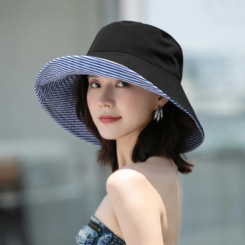 Double Side Wear Fisherman Hat For Women Solid Striped Bucket Hats Summer Female Anti-UV Wide Brim Sunscreen Cap 250805