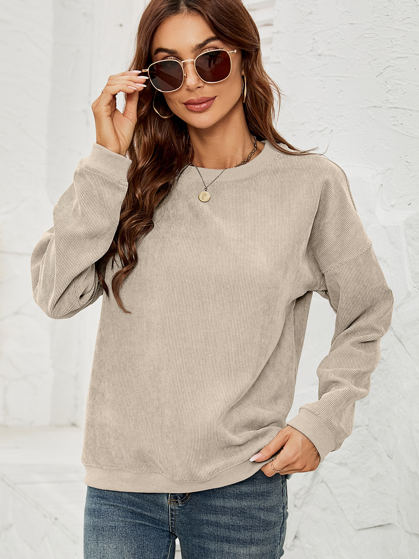 Free Shipping Designer Hoodie Amazon Women's Corduroy Sportswear Women's Casual Round Neck Pullover Long Sleeved Top 2025 Autumn/winter