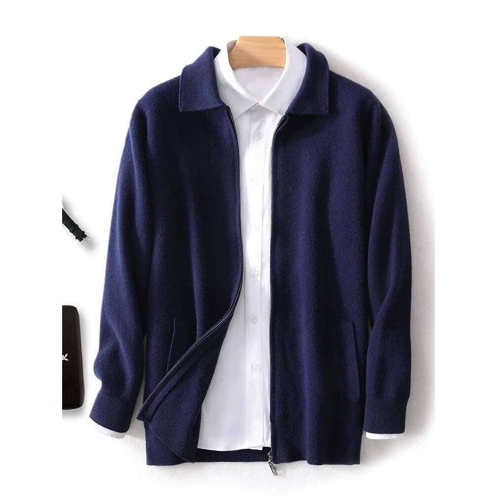 Men's 100%Merino Wool Cardigan Soft Warm Autumn Winter Turn-Down Collar Sweater Zipper Business Casual Man Clothes Solid Color