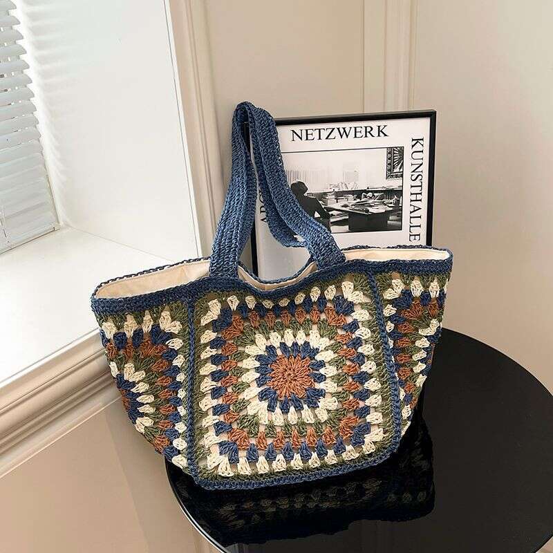 Handmade Crocheted Straw Woven Tote Large Capacity Shoulder Bag Cute Temperament Girl