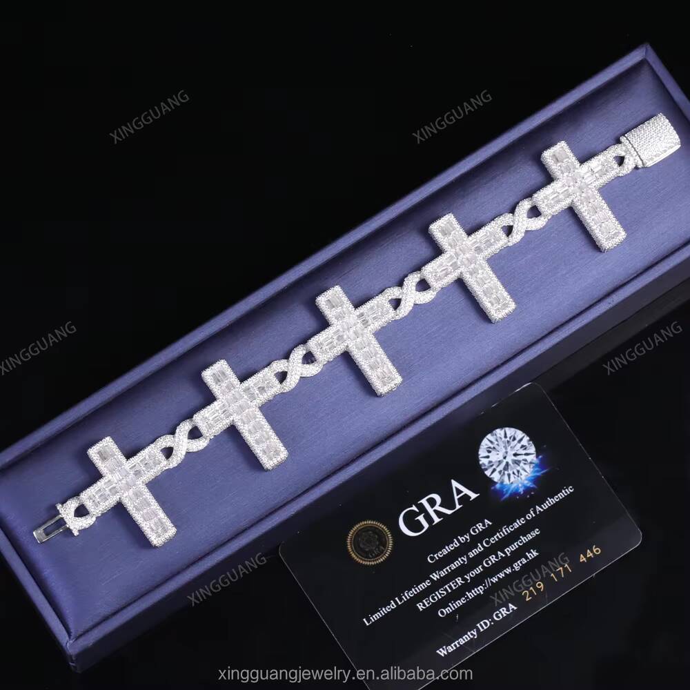 Pass the Diamond Tester VVS Diamond Cross Bracelet Men Necklace Bling Moissanite Cuban Link Chain for Mens Bracelets