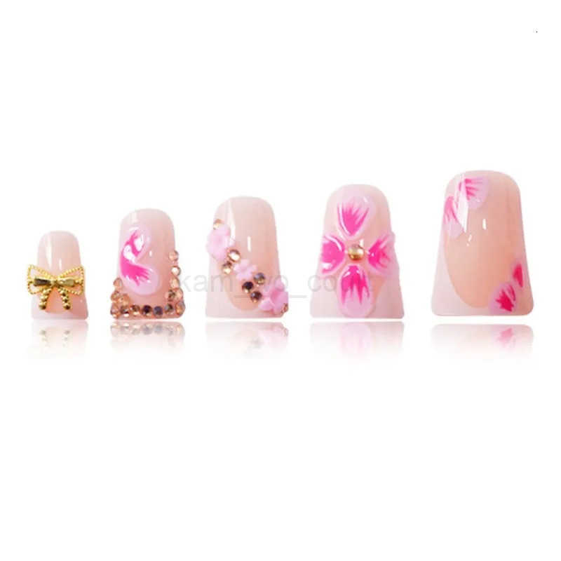 24Pcs Summer Trendy Duckbill Fake Nails 3D Floral Press-on Nails French Design Golden Rhinestone Bow Decor Acrylic False Nails M250807