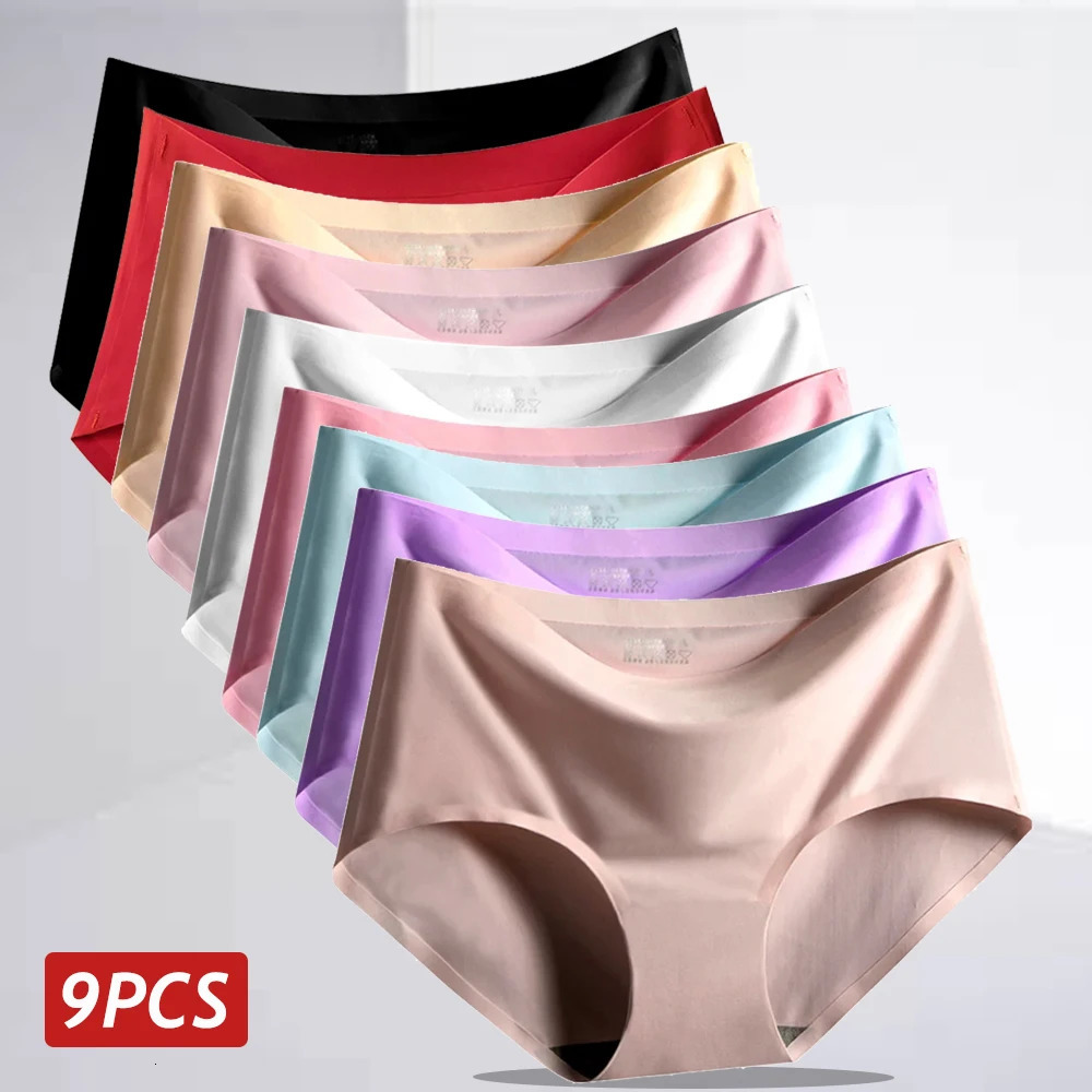 9PCS Ice Silk Seamless Panties For Women Sexy Mid Rise Underwear Female Intimate Briefs Breathable Comfort Large Size Lingerie 250807