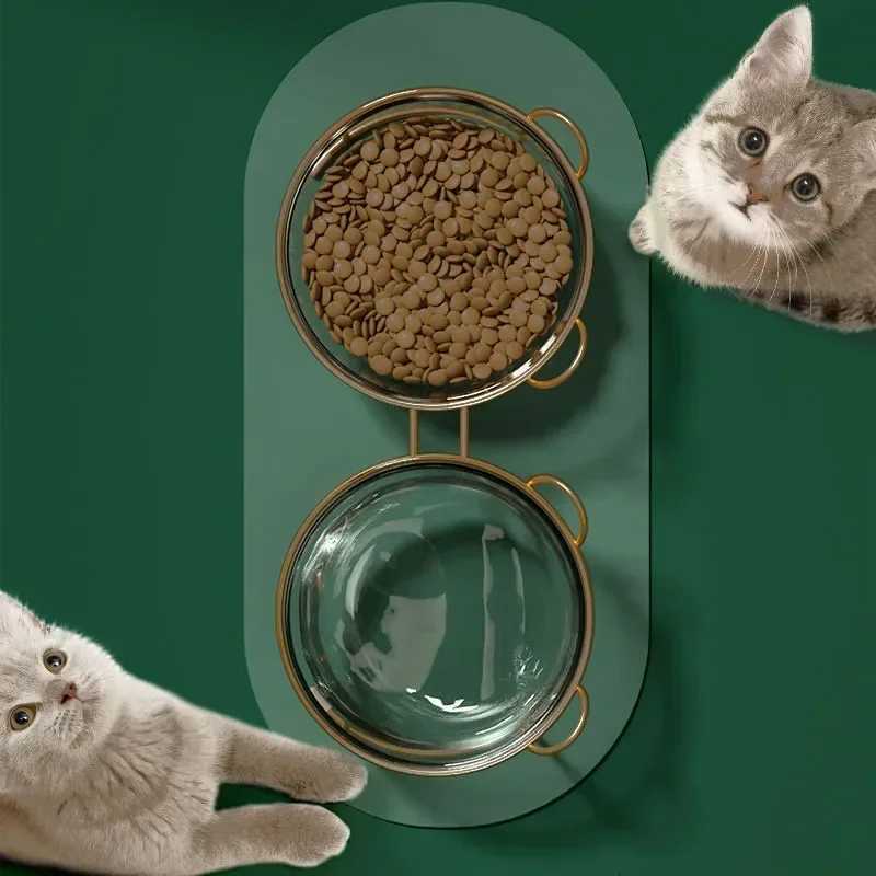 Glass Cat Bowls Small Dog Food Feeding Puppy Water Feeder with Metal Frame Single or Double Option Pet Product Supplies Y250806