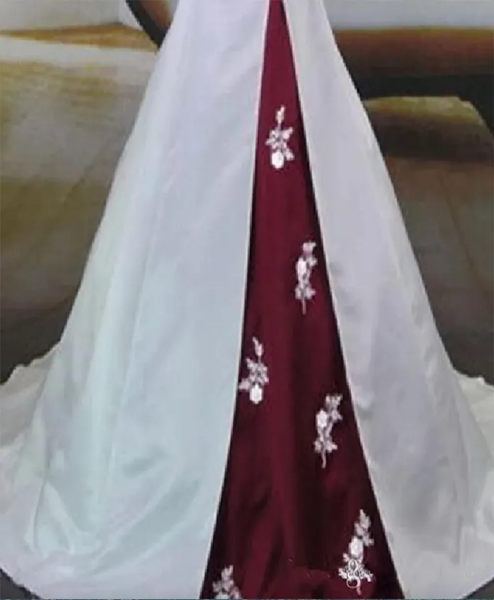 New Stunning White and Burgundy Wedding Dress Vintage Handmade Appliques Off Shoulder Satin A Line Bridal Gowns Vestido de Noiva