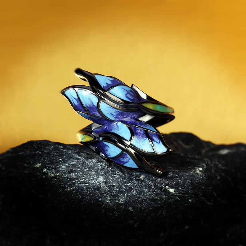 Black Tone Enamel Butterfly Wing Wing Ring With Blue And Green Color Accents Artistic And Fantasy Outfit Accessory Gift For Her Unique And Vibrant Jew