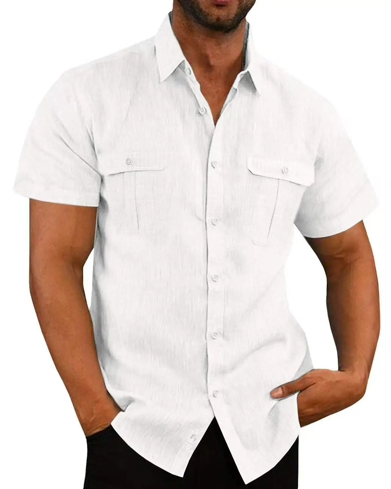 Cotton And linen M4XL Mens ShortSleeved Shirt Summer Solid Color Comfortable Collar Casual Beach Style Plus 250807