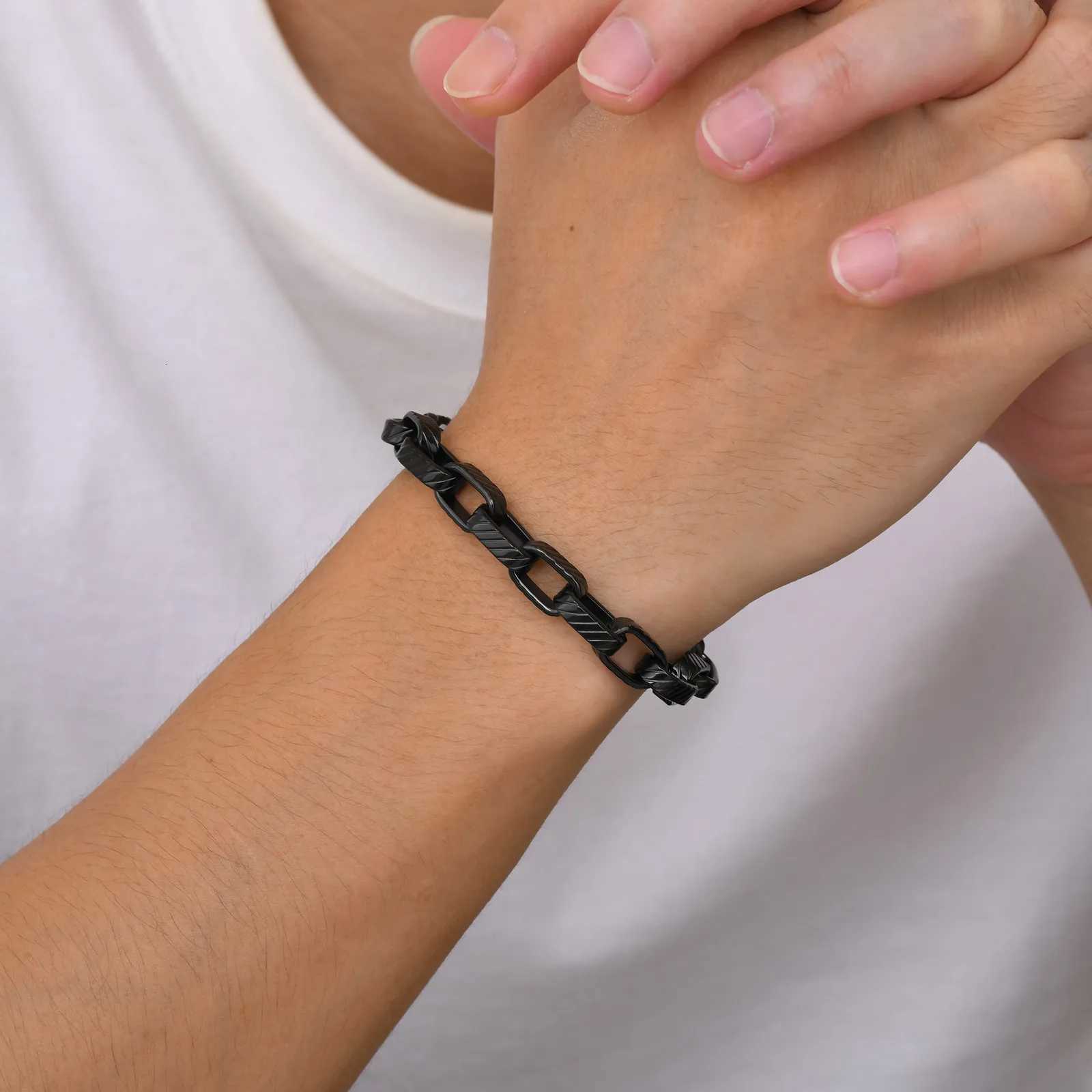 Stainless Steel Rectangular Chain Bracelet for Men Boys Chunky Black Chain Link Bracelet Hip Hop Rock Punk Jewelry W250807