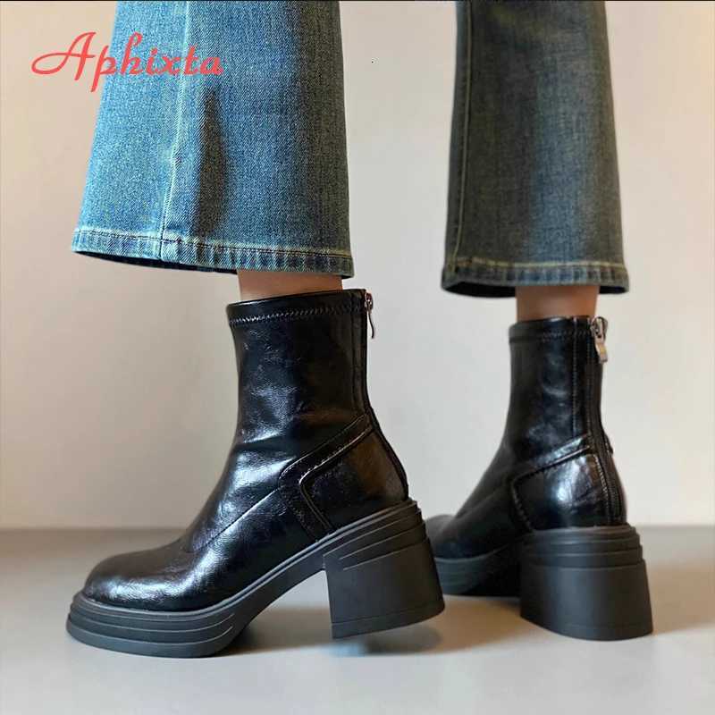 Aphixta Chelsea Shoes Classic Woman Ankle Boots Square Heel Platform Boot Patent Leather Winter Black Ankle Boots XJ250807