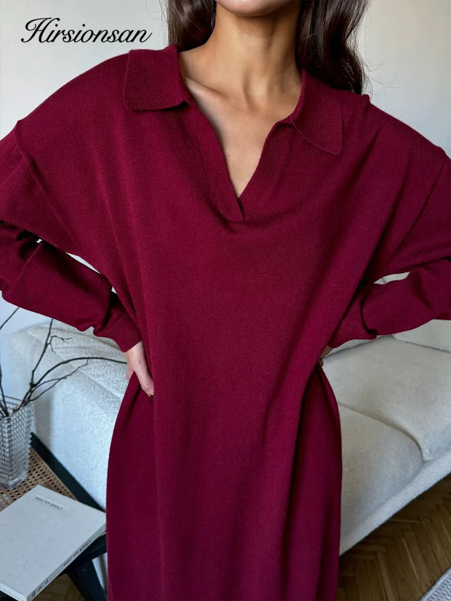 Hirsionsan Long Sleeve Autumn Winter Loose Polo Neck Sweater Dresses Women Soft Elegant Solid Knit Dress Female 2025 Clothes 250806