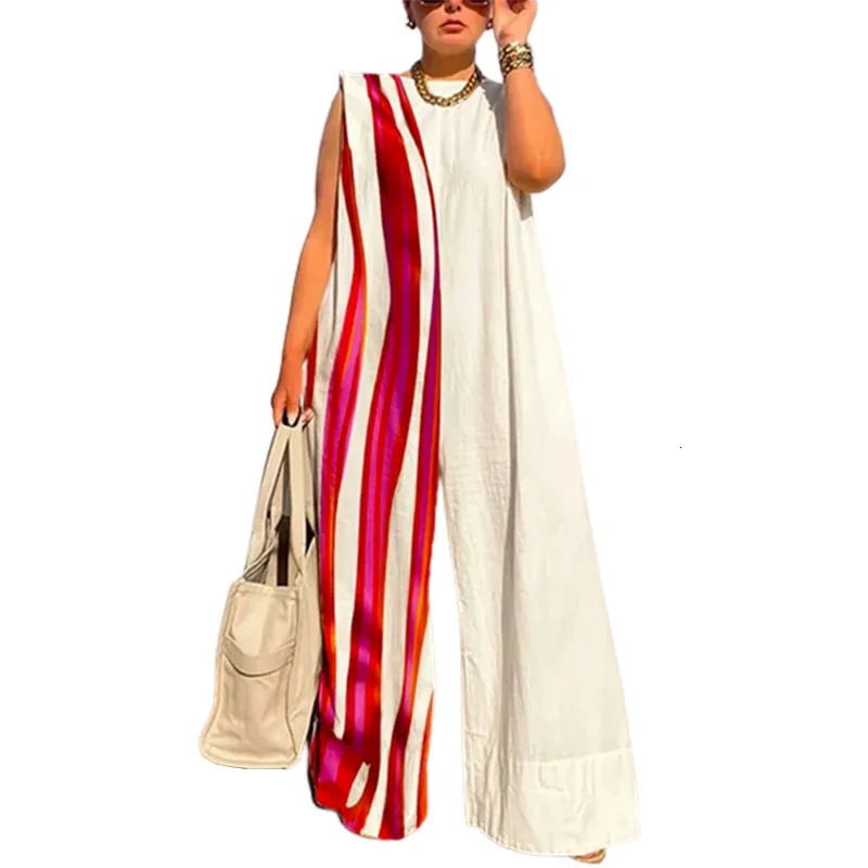 Yeezzi 2025 Womens Contrast Color Striped Wide Leg Jumpsuits Summer Sleeveless Casual Fashion One Piece Suits Streetwear 250804