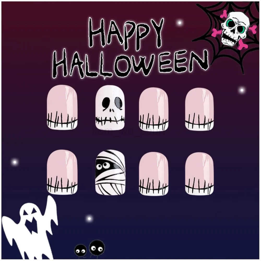 24Pcs Halloween French Design Press on Nails Short Square Ballet False Nails Ghost / Skull Full Cover Wearable Coffin Fake Nails M250807