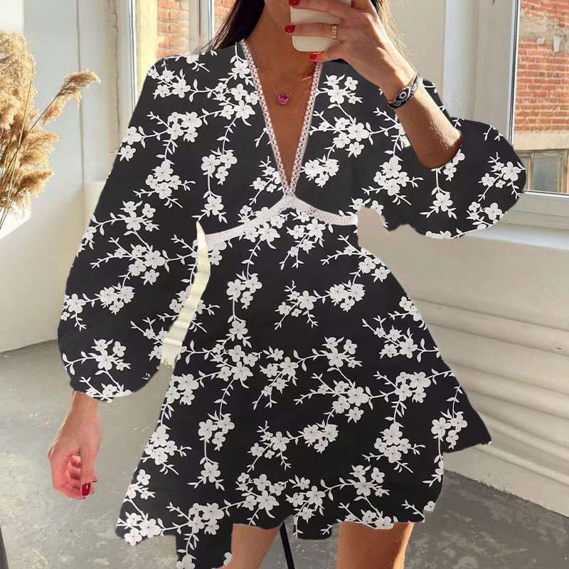 Spring New Women's Sweet Printed V-Neck Lace Short Sleeve Pleated Dress B5 h7