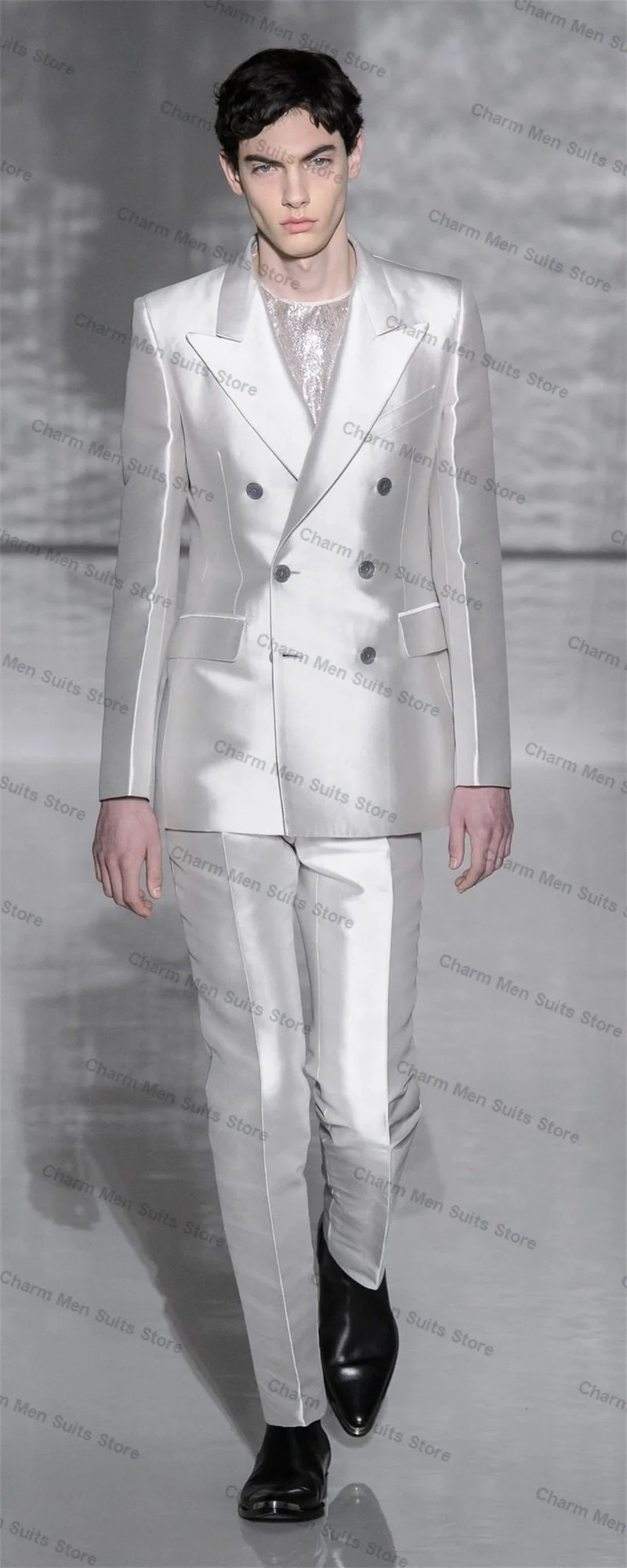 White Satin Men Suits Pants Set 2 Piece BlazerTrousers Customized Wedding Tuxedo Formal Office Double Breasted Jacket Outfit 250807