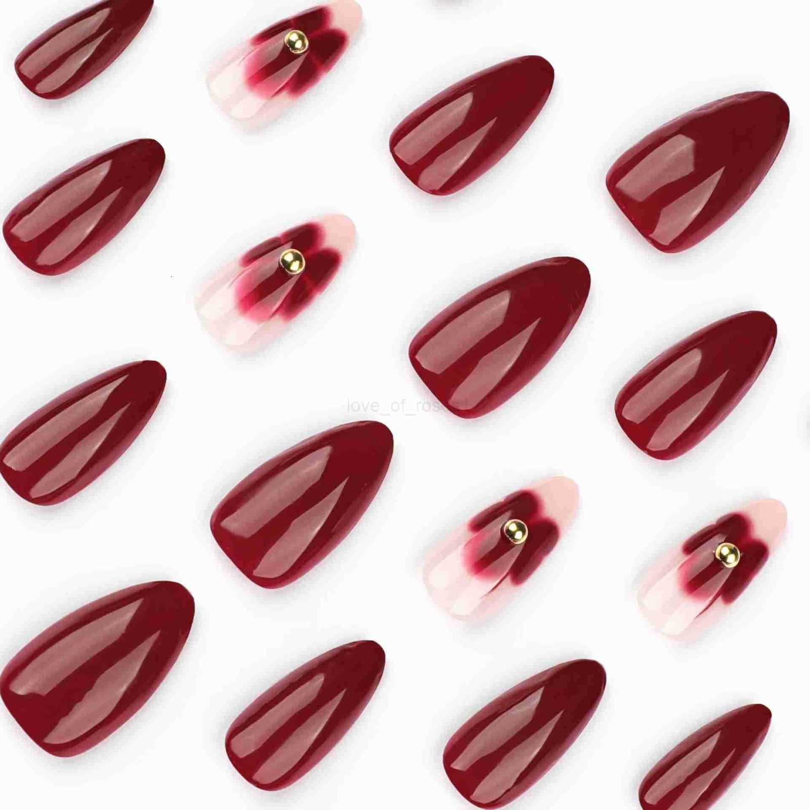 24pcs Womens Nail Set Burgundy Almond Shape Medium Length Solid Color with Floral Golden Dust Design Fake Nails for Women/Girls Z250807