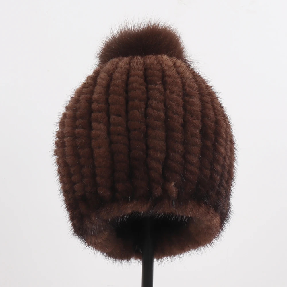 Winter Women Natural Mink Fur Hat Hand Knitted Warm 100% Genuine Mink Fur Cap Russia Lady Real Mink Fur And Fox Fur Pompoms Hats 250806