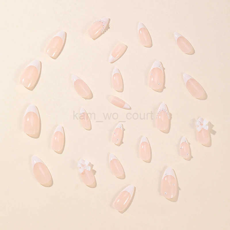 24Pcs Almond White French Press on Nails Pearl Bow False Nails Short Rhinestones Removable Nail Stickers for Women and Girls M250807