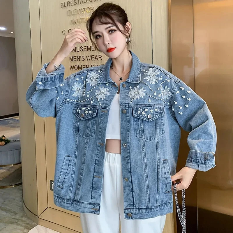 Spring Autumn Female Fashion Jeans Jacket Korean Rhinestones Embroideried 3D Flowers Hole Cowboy Outerwear Loose Lady Coat 250804