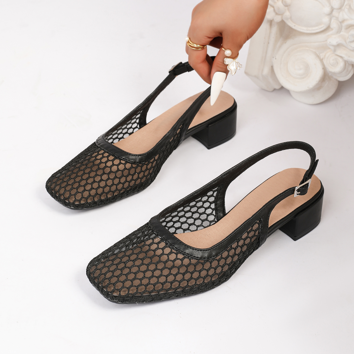 Sandals Women Shoes Stylish square toe casual party/Office buckle breathable solid color perforated mesh high heels