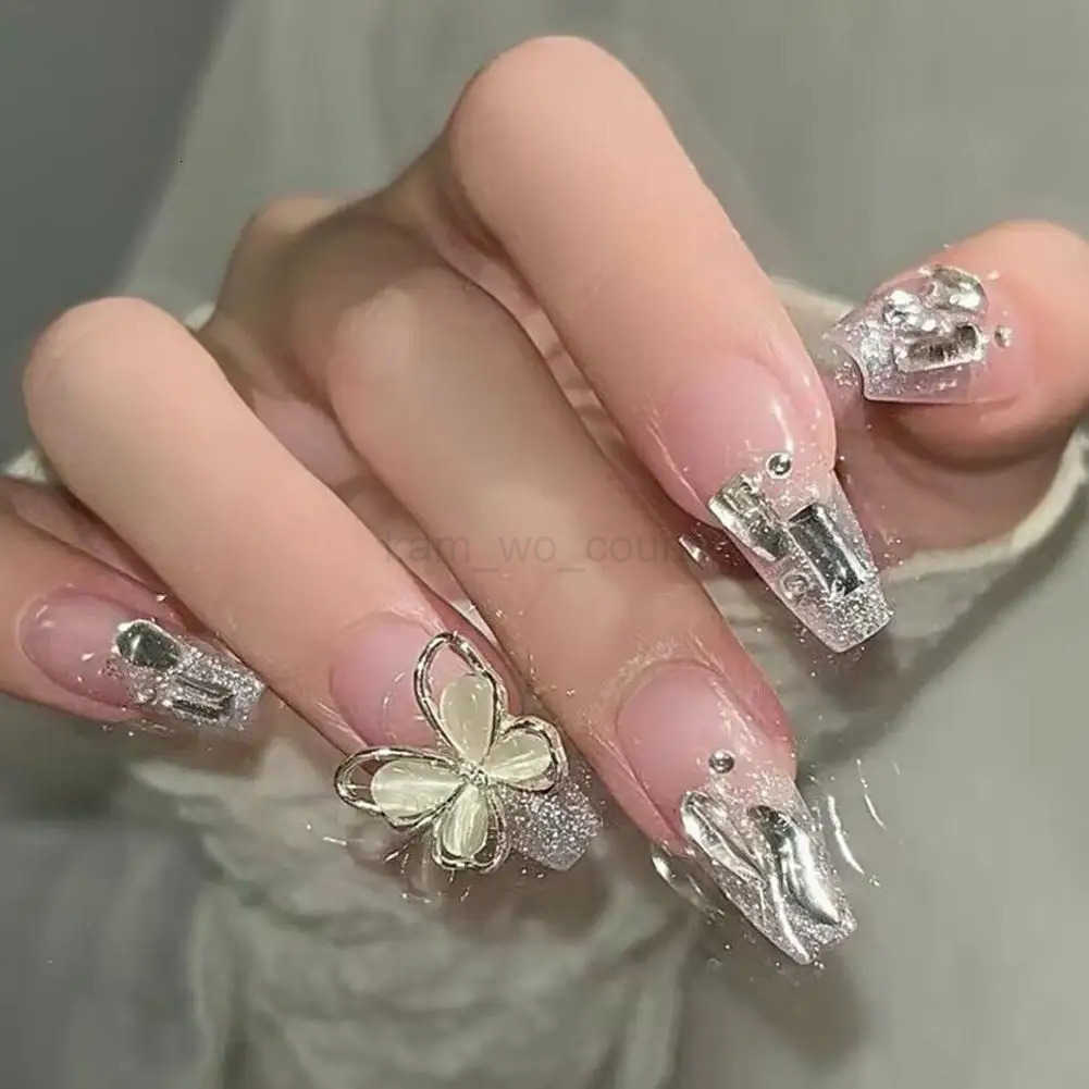 24PCS European and American Style Extended Wearing Fake Nails French Water Pipe Nail Drill Butterfly Pearl Nail Patch Nail Art M250807