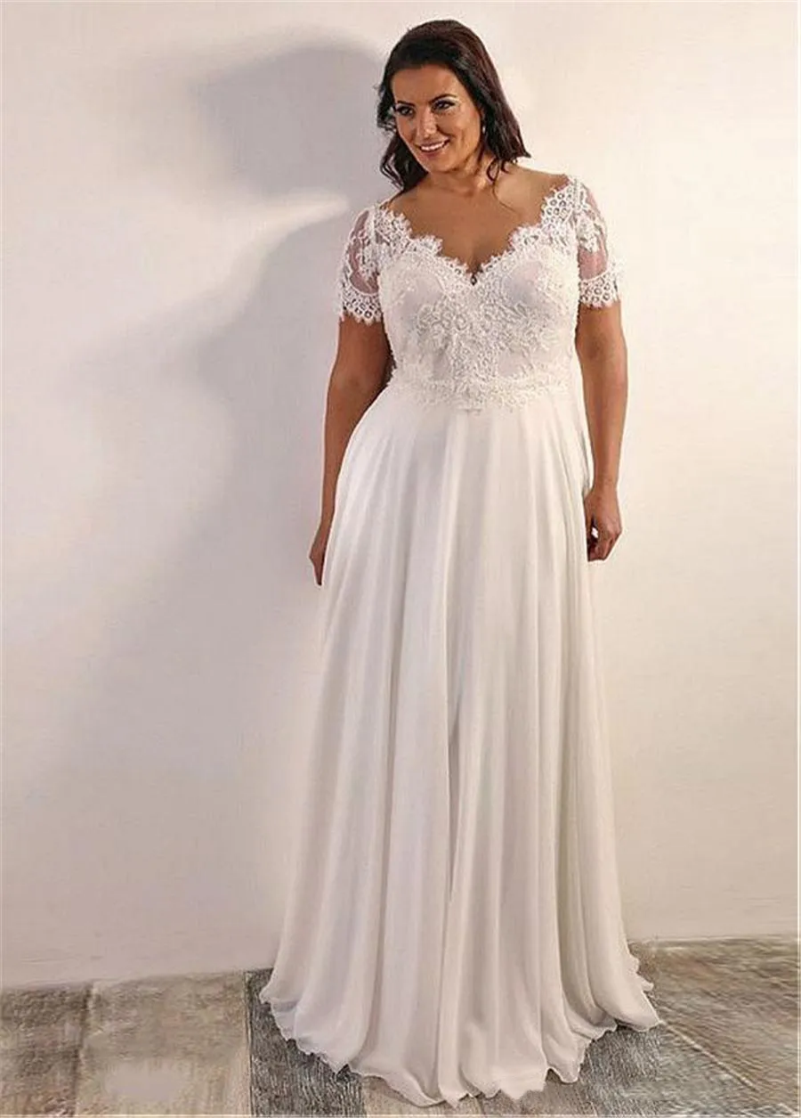 Plus Size Chiffon Wedding Dresses Sheer Neck Lace Top Short Sleeves Appliques Custom Beach Bridal Gowns Bride Dress Vestidos De Novia