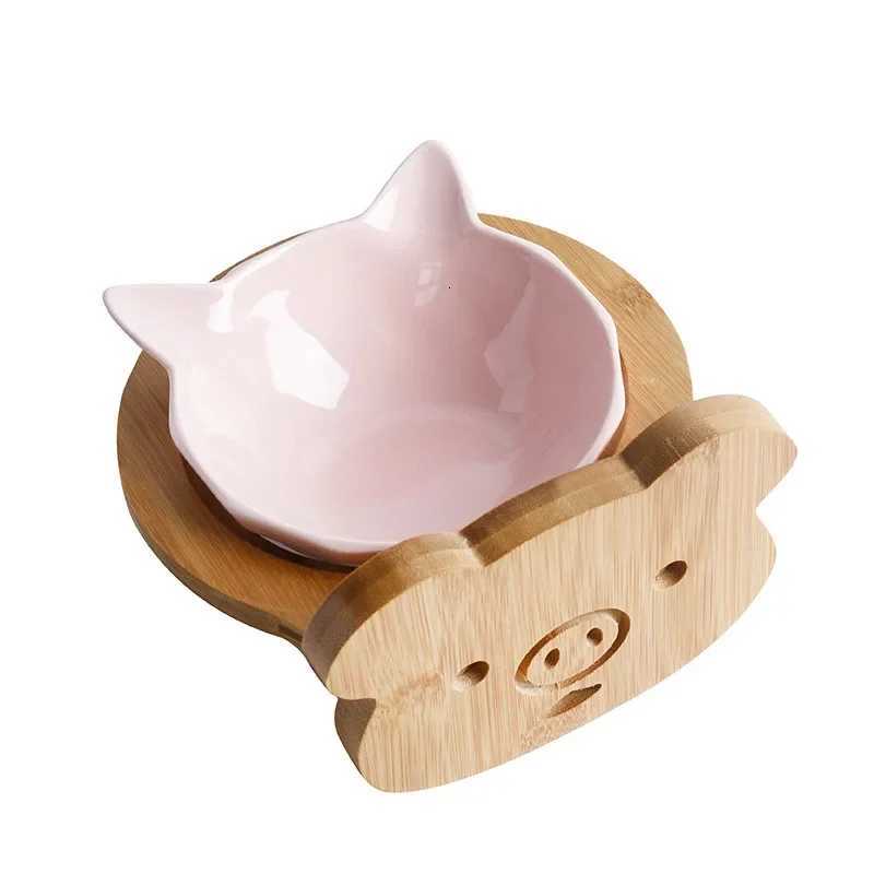 New Ceramic Adjustment Pet Cage Wall Hanging Feeding Bowl with Wood Holder Cat Food Bowl Puppy Feeder Dogs Water Drinking Dish Y250806